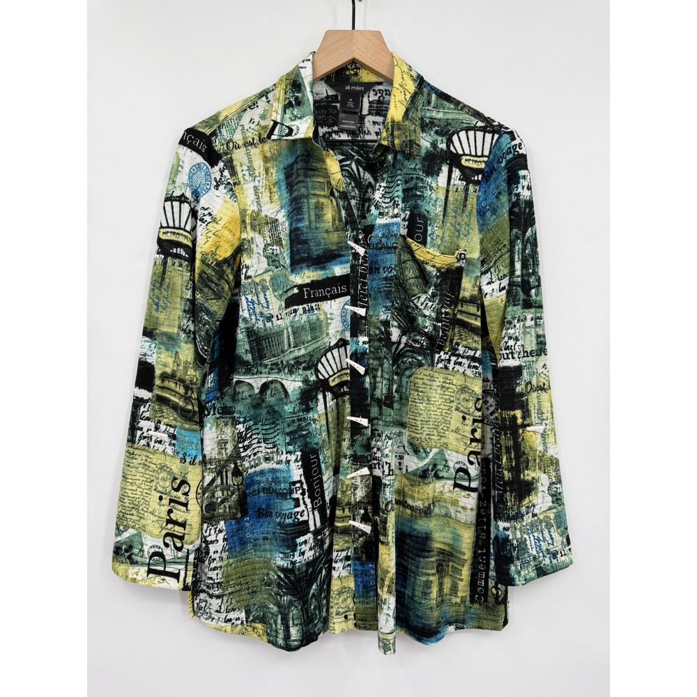 Ali Miles Shirt Womens Medium Green Paris Button Front Lightweight Stretch Art